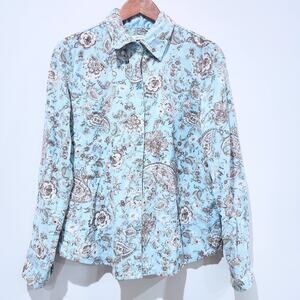 Dressbarn Blue Floral Paisley Corduroy Button Up Blouse Size Medium Western Boho